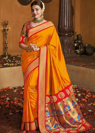 Saffron Yellow Gold Zari Woven Paithani Silk Saree with Designer Blouse