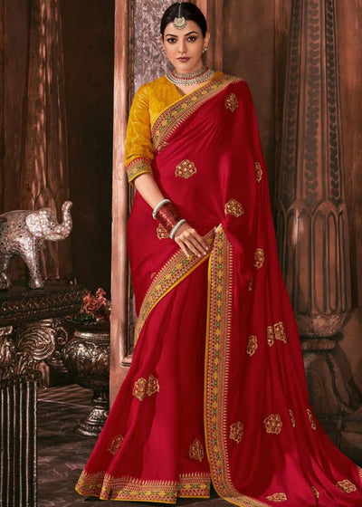 Crimson Red South Silk Saree with Embroidered Blouse