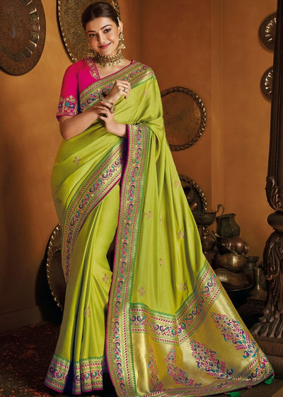 Lime Green Zari Woven Paithani Silk Saree with Designer Blouse