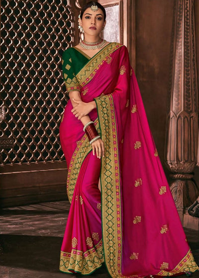Hot Pink South Silk Saree with Embroidered Blouse