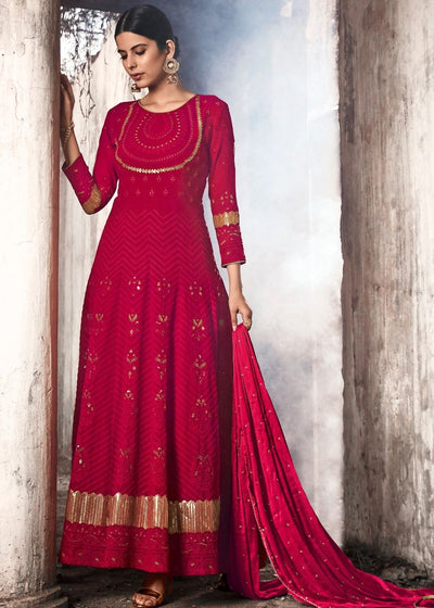 Red Georgette Anarkali with Lucknowi Embroidery and Sequence work