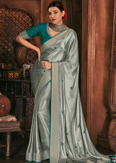 Pewter Grey South Silk Saree with Embroidered Blouse