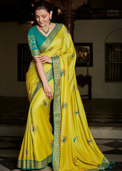 Lemon Yellow Woven Silk Saree with Designer Blouse