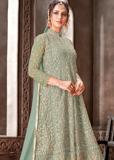 Emerald Green Designer Net Anarkali Suit with Full Thread Embroidery Work