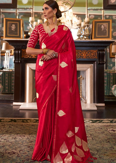 Rose Red Zari Butta Woven Banarasi Silk Saree