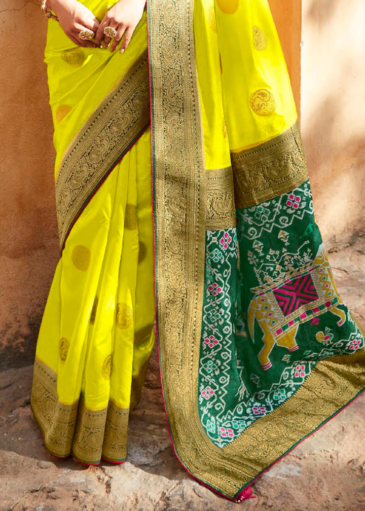 Chartreuse Yellow Woven Banarasi Patola Silk Saree with Embroidered Blouse