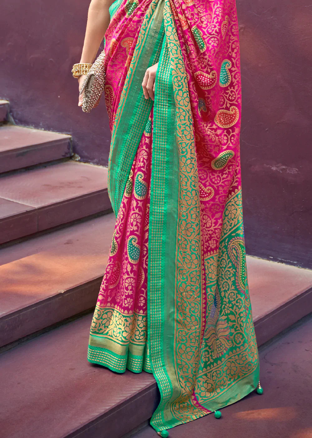 Hot Pink Designer Printed Brasso Silk Saree