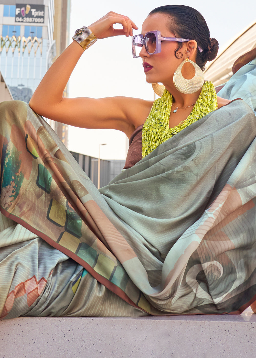 Grey & Green Printed Satin Crepe Saree