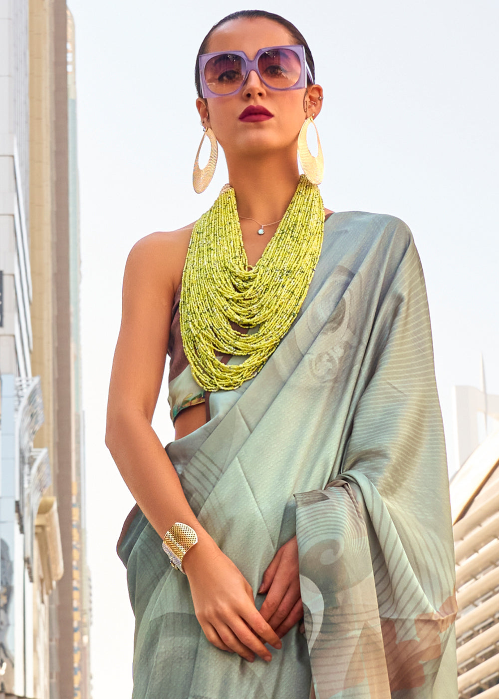 Grey & Green Printed Satin Crepe Saree