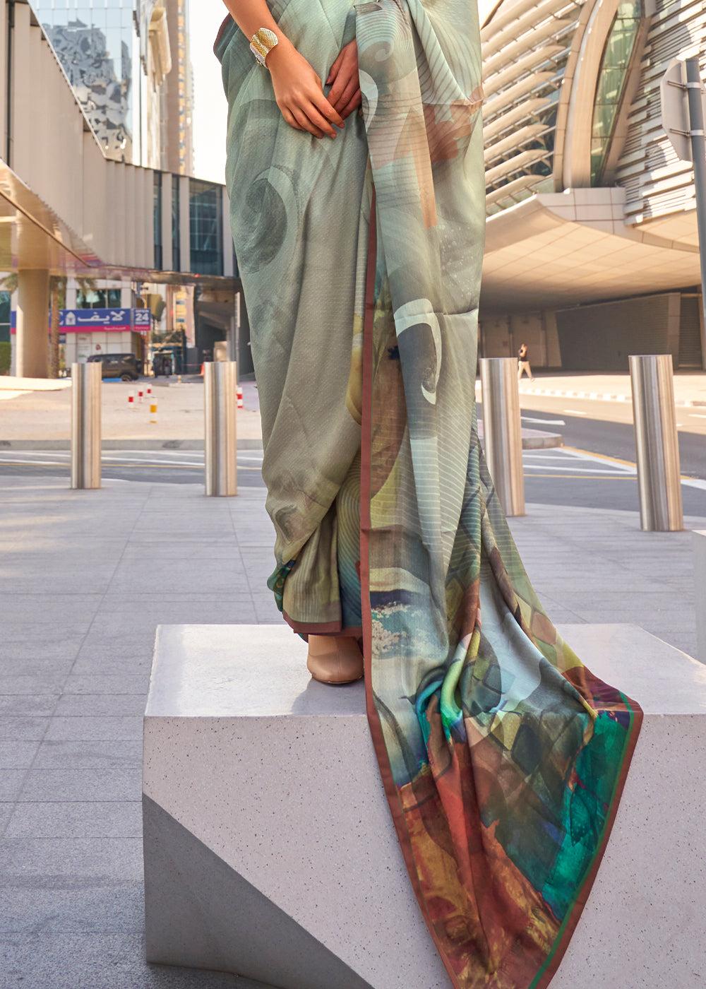 Grey & Green Printed Satin Crepe Saree