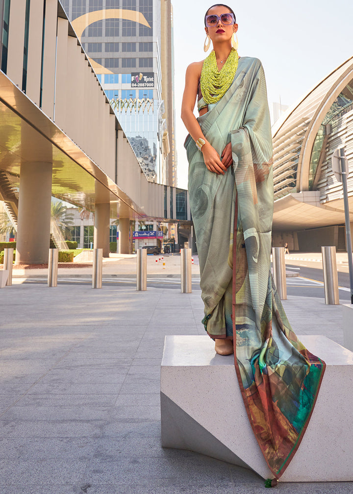 Grey & Green Printed Satin Crepe Saree