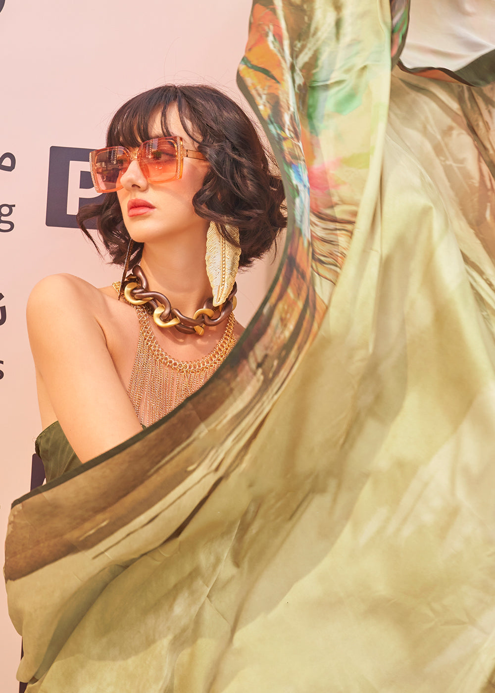 Flax Yellow Printed Satin Crepe Saree