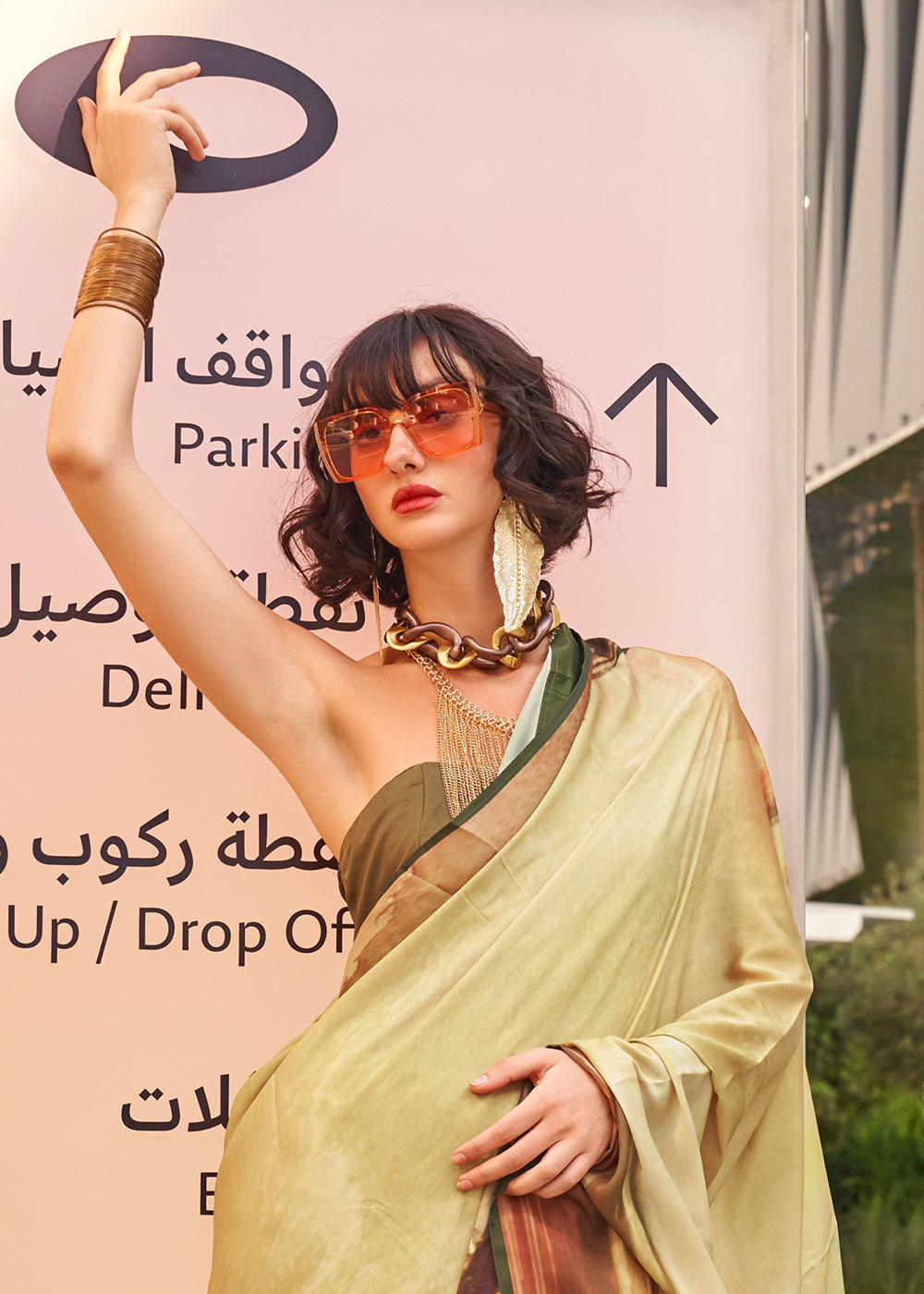 Flax Yellow Printed Satin Crepe Saree