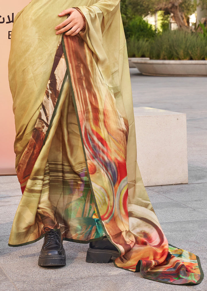 Flax Yellow Printed Satin Crepe Saree