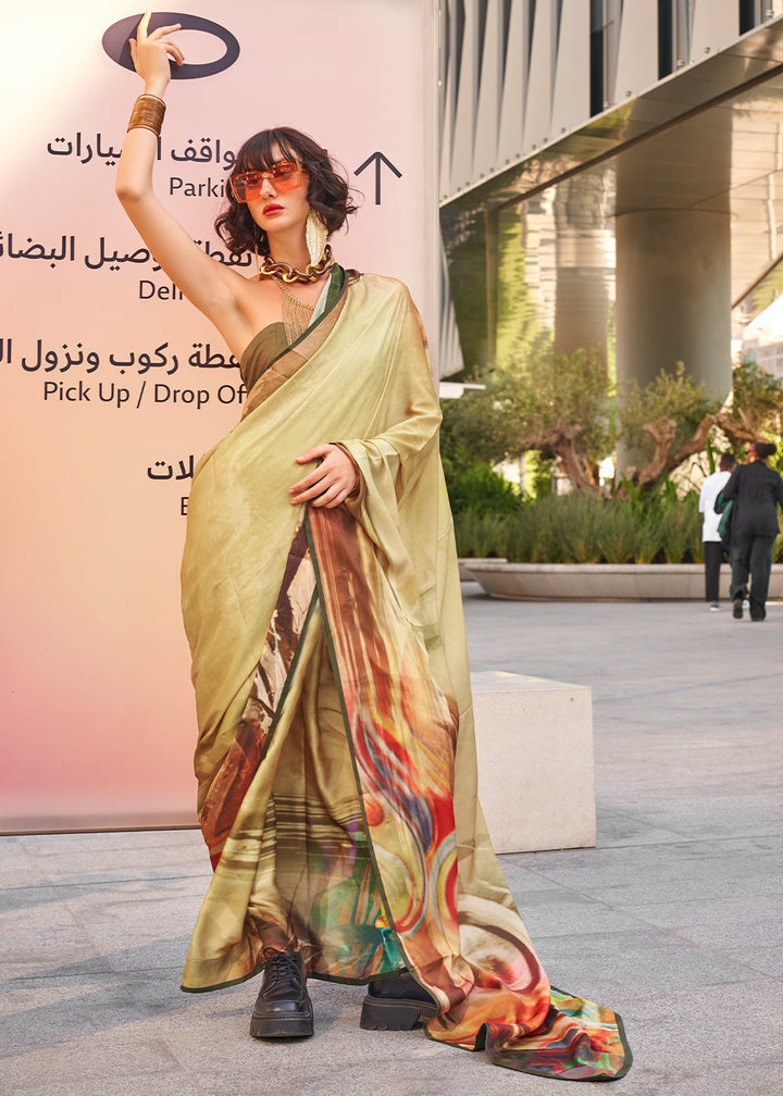 Flax Yellow Printed Satin Crepe Saree