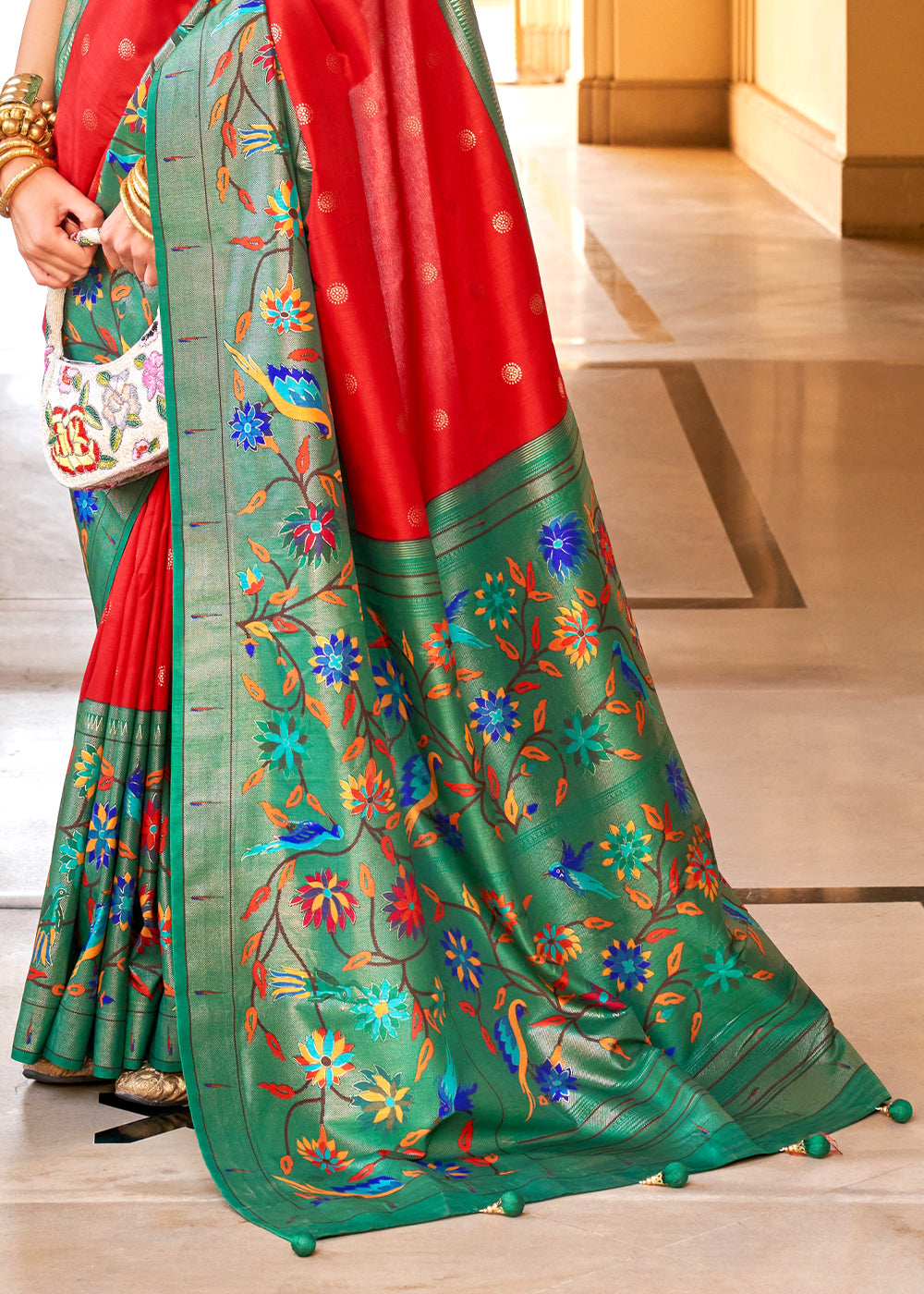 Red & Green Paithani Printed Silk Saree