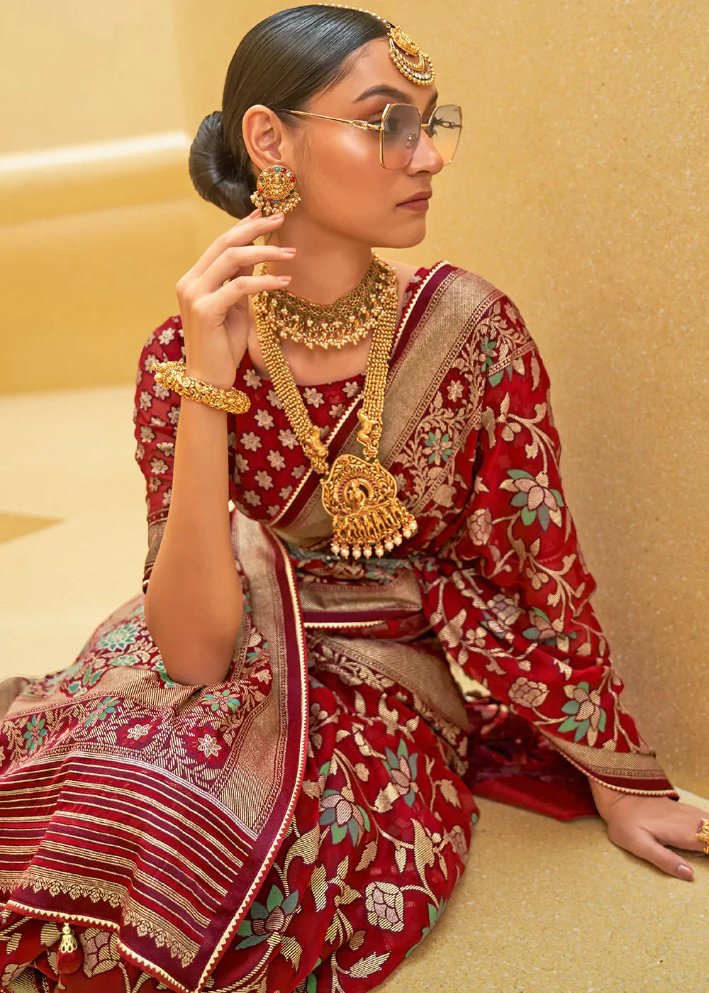 Maroon Red Organza Silk Saree