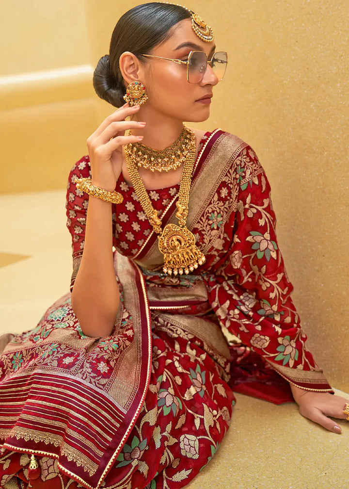 Maroon Red Organza Silk Saree