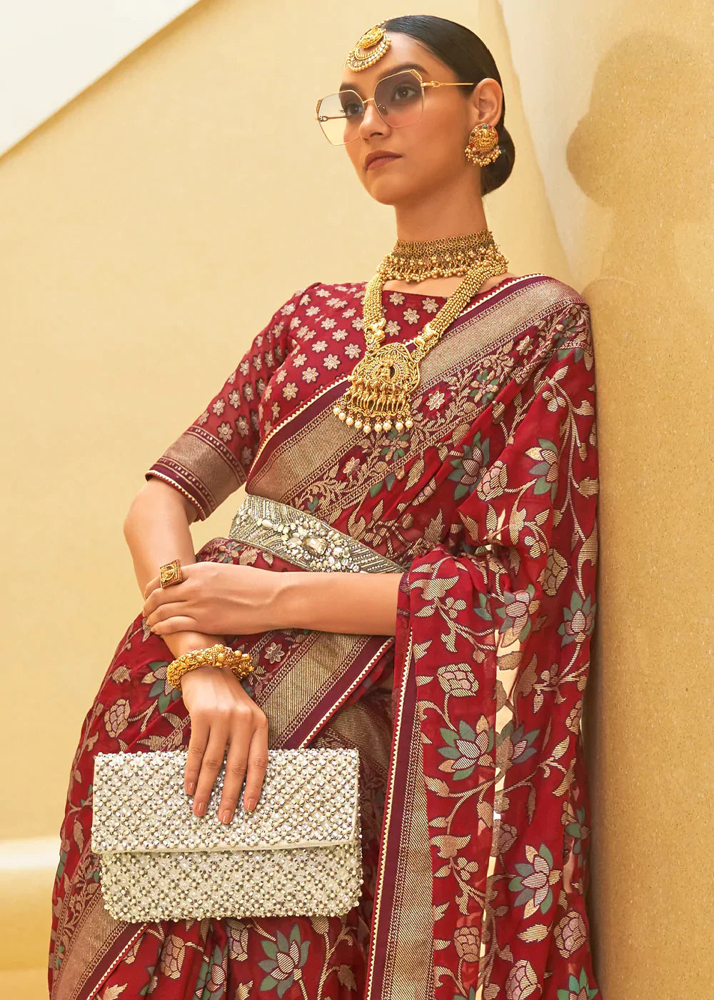 Maroon Red Organza Silk Saree