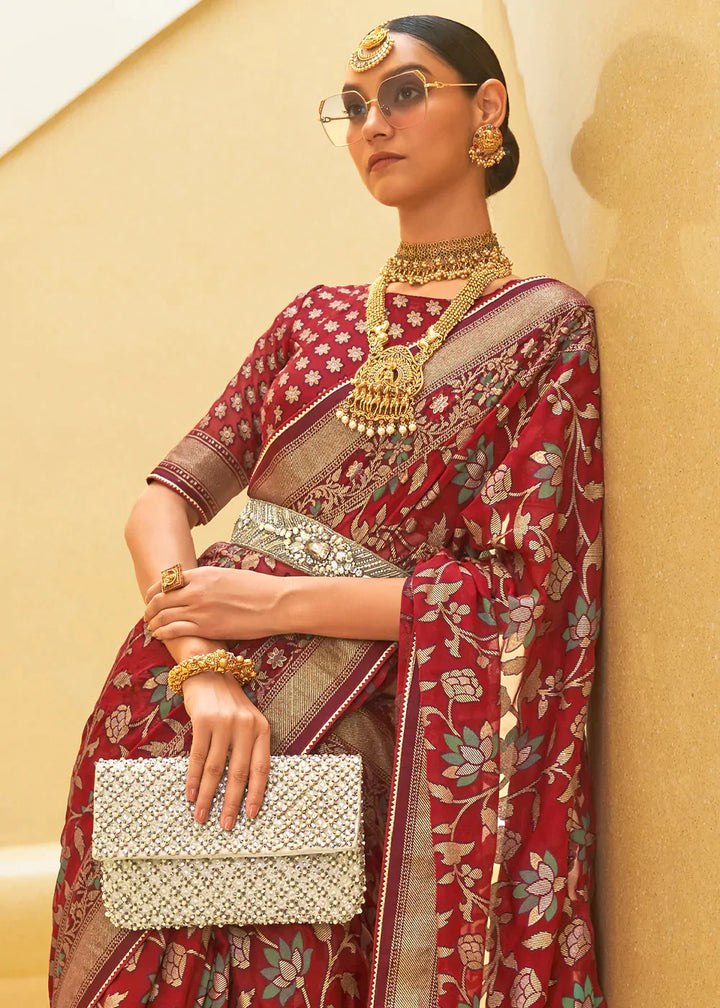 Maroon Red Organza Silk Saree