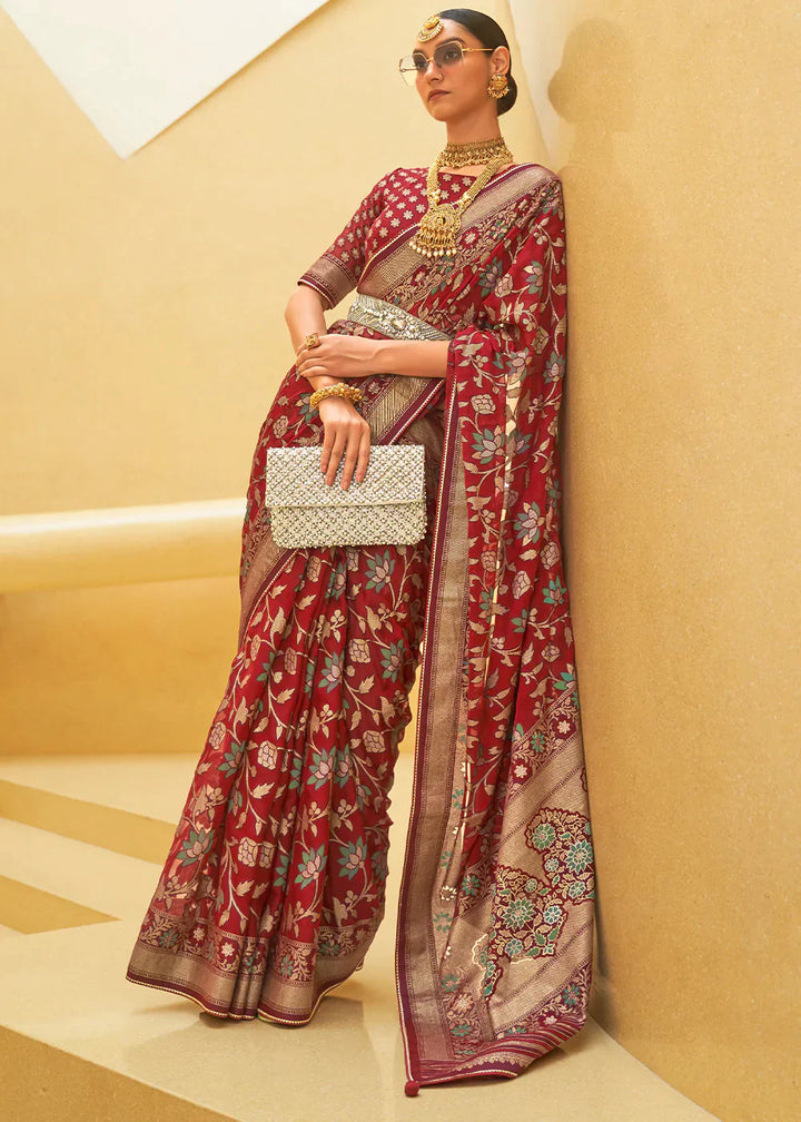Maroon Red Organza Silk Saree