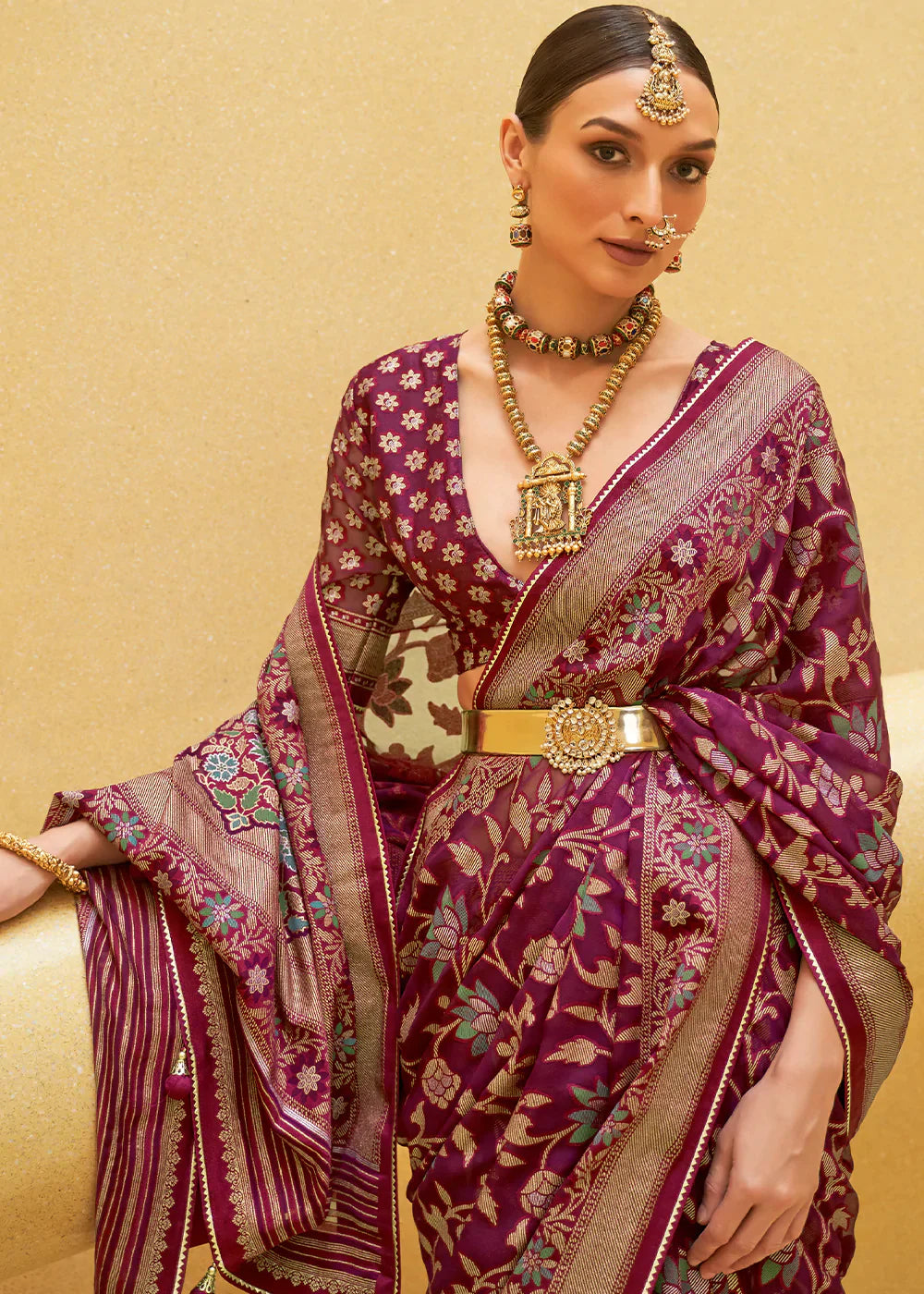 Tyrian Purple Organza Silk Saree