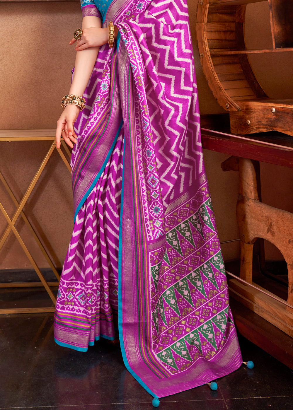 Fandango Purple Patola Printed Silk Saree with Contrast Blouse