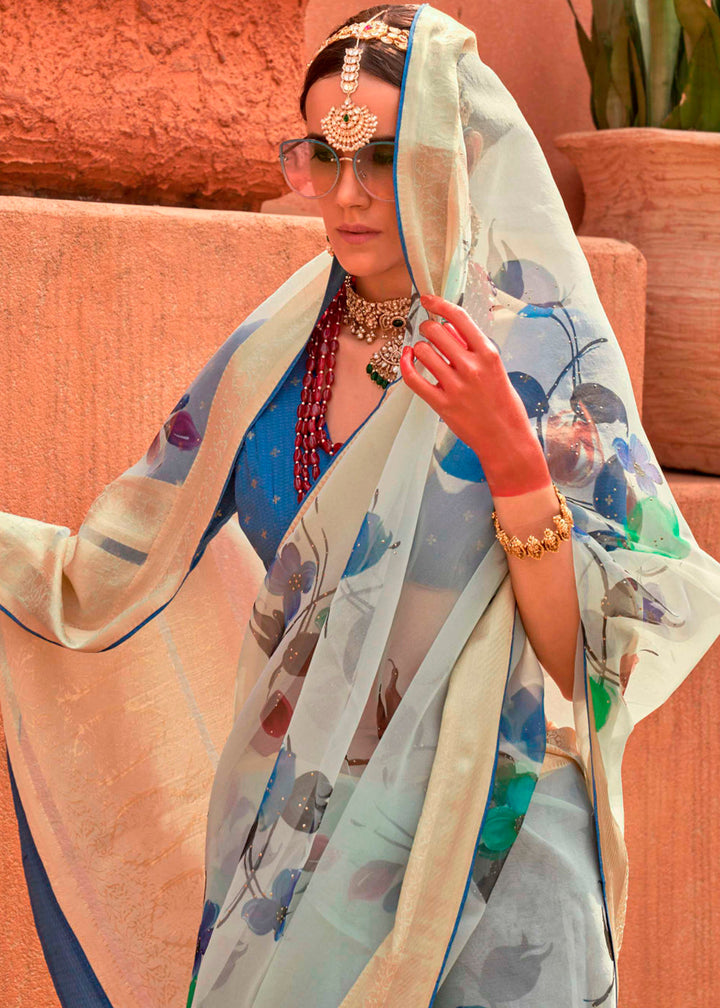 Powder Blue Floral Printed Organza Silk Saree