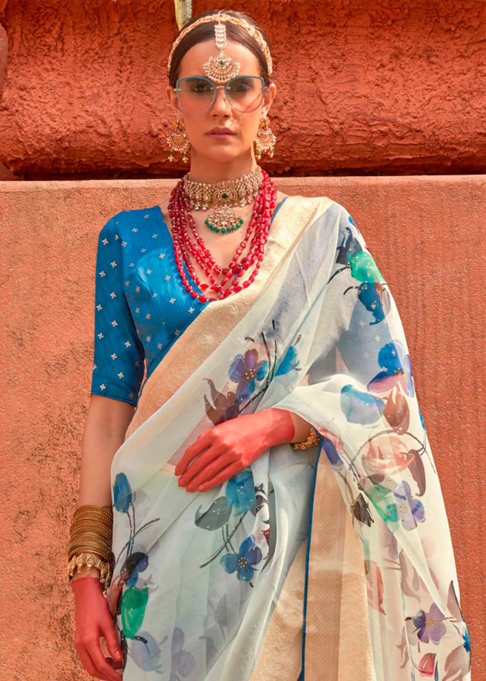 Powder Blue Floral Printed Organza Silk Saree