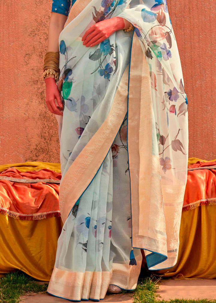 Powder Blue Floral Printed Organza Silk Saree