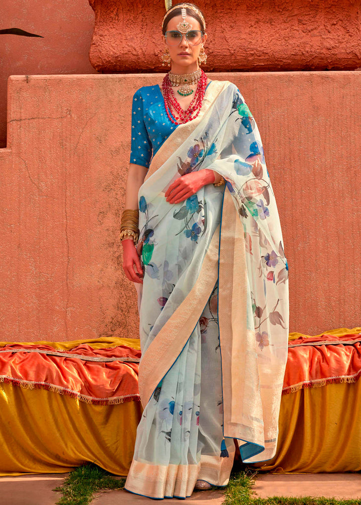Powder Blue Floral Printed Organza Silk Saree