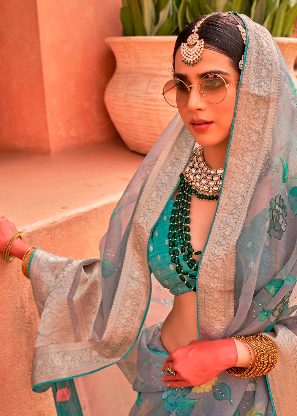 Light Grey Floral Printed Organza Silk Saree