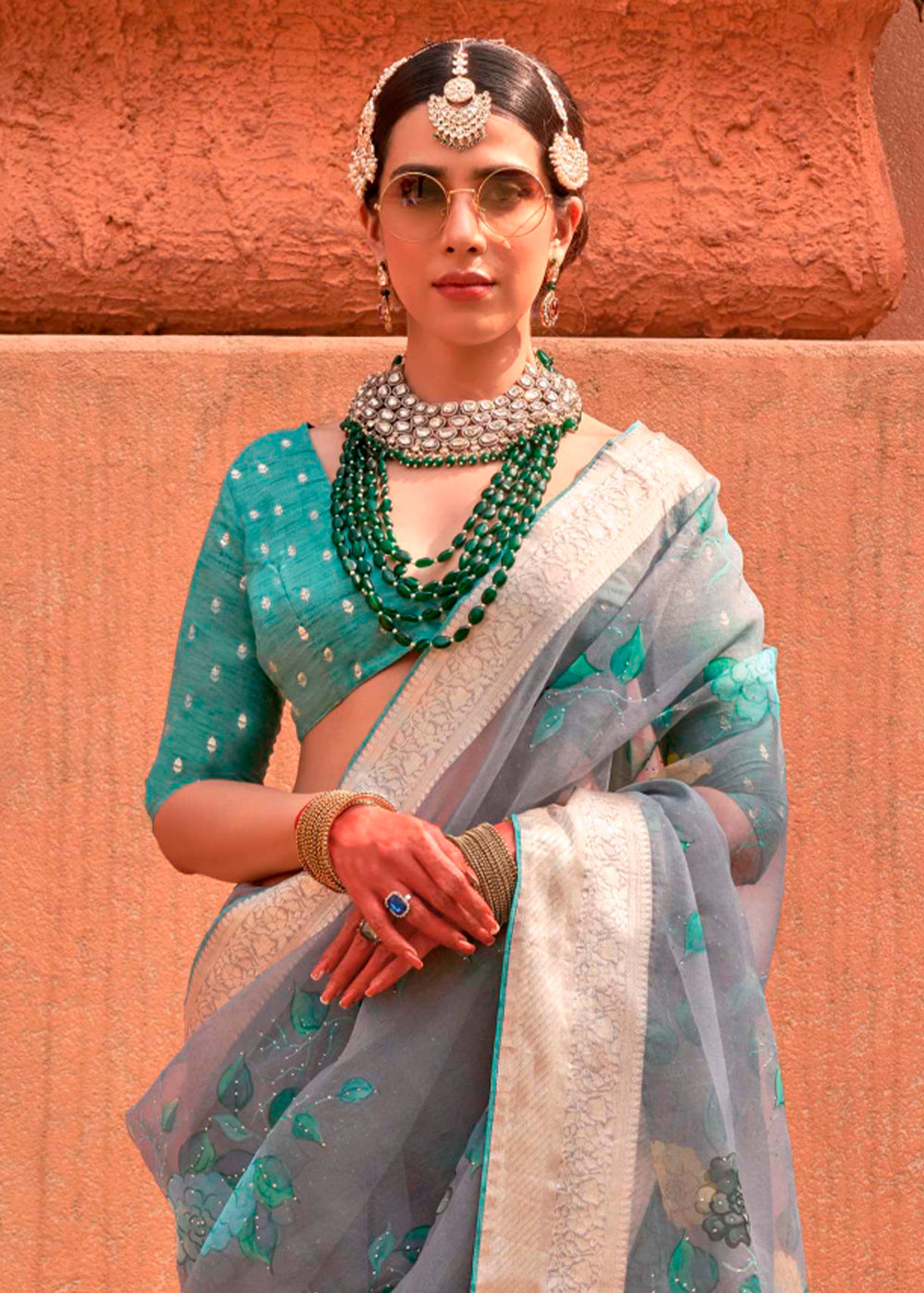 Light Grey Floral Printed Organza Silk Saree