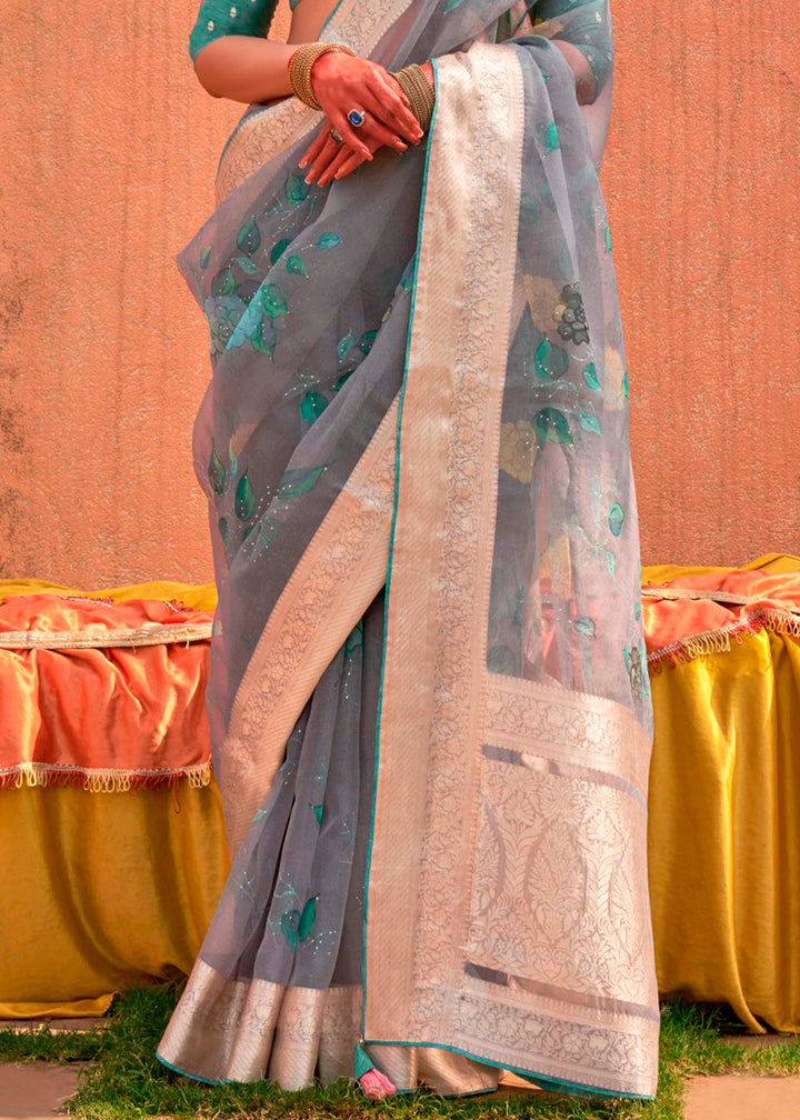 Light Grey Floral Printed Organza Silk Saree