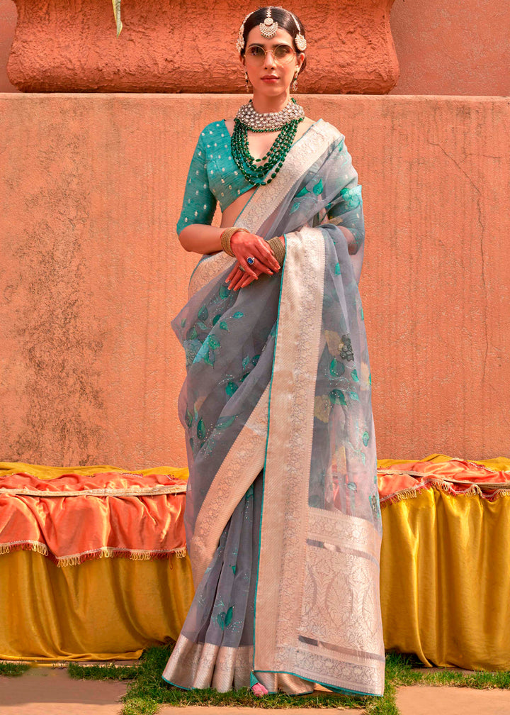 Light Grey Floral Printed Organza Silk Saree