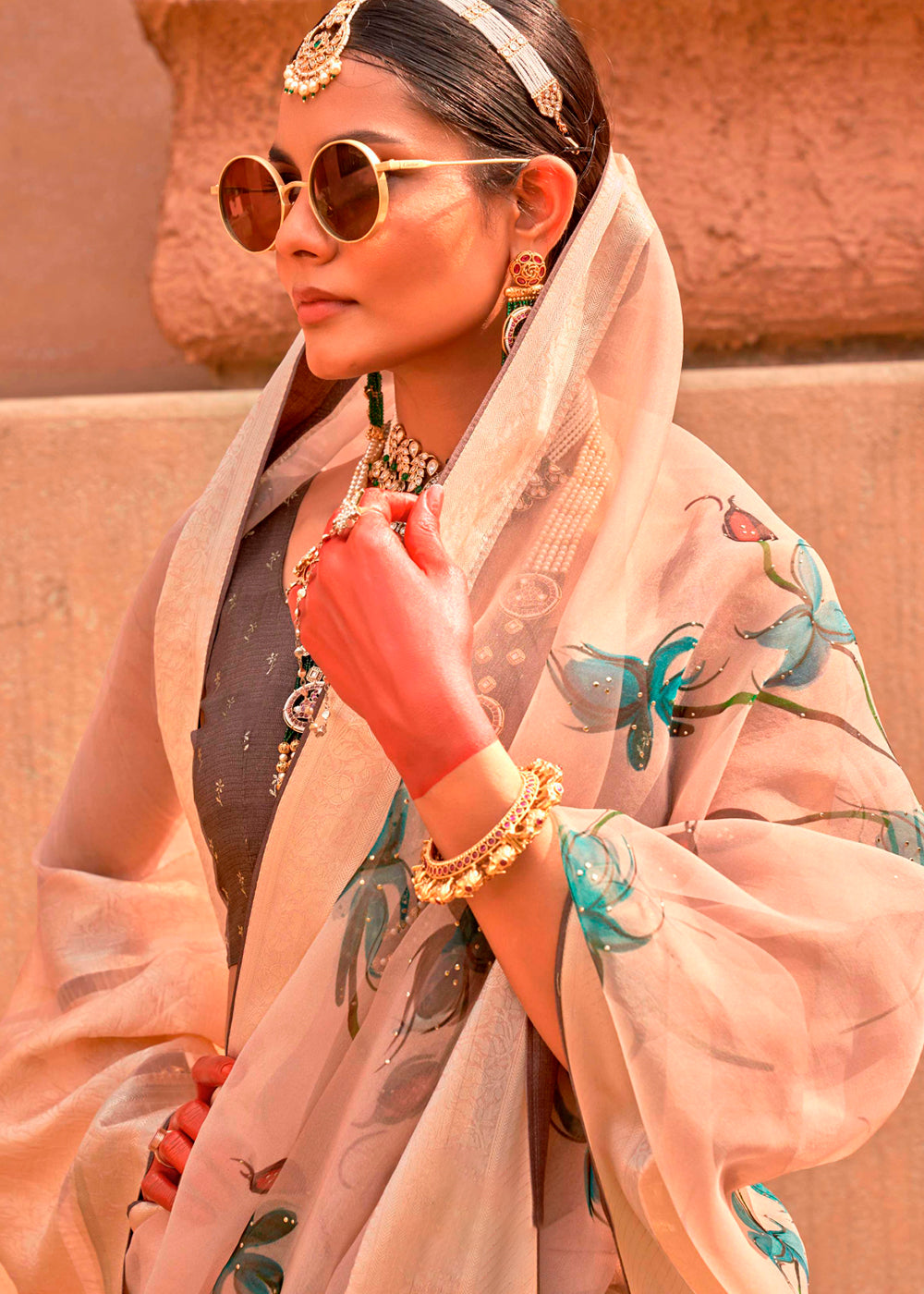 Beige Brown Floral Printed Organza Silk Saree