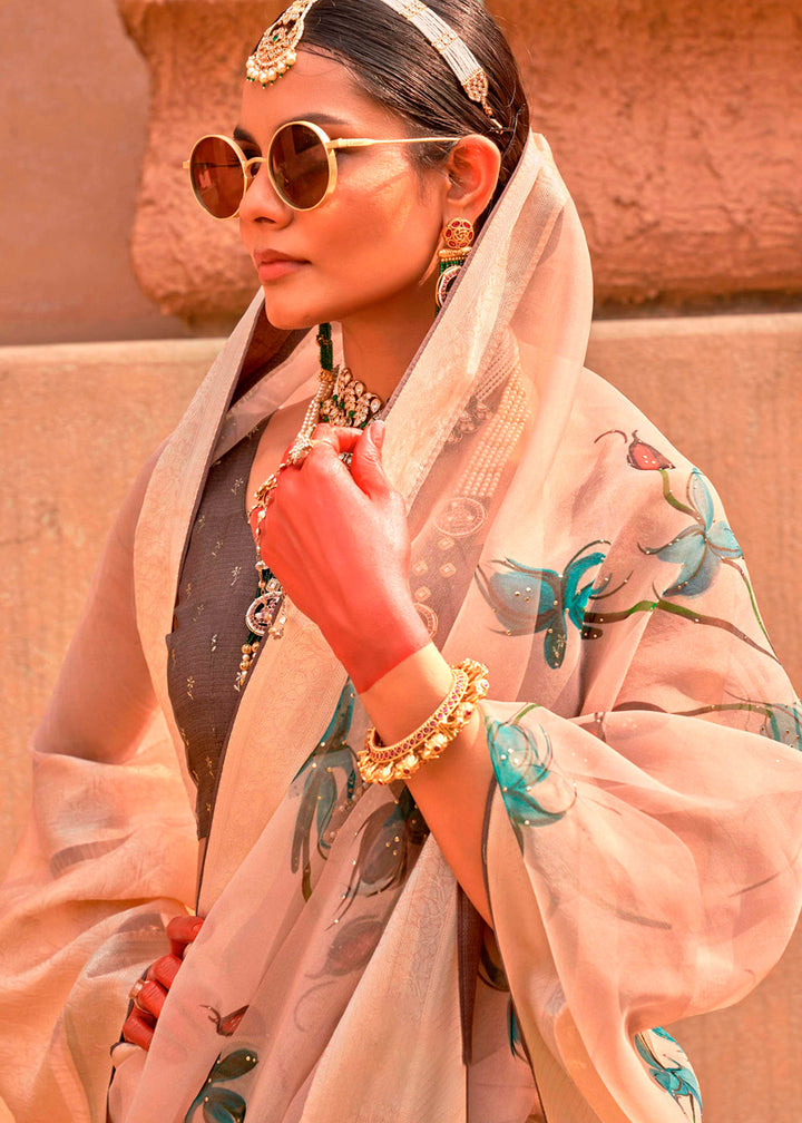 Beige Brown Floral Printed Organza Silk Saree