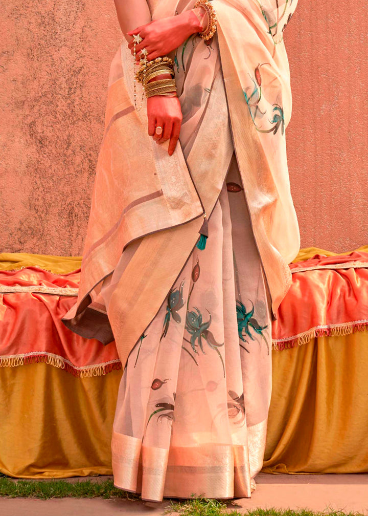 Beige Brown Floral Printed Organza Silk Saree