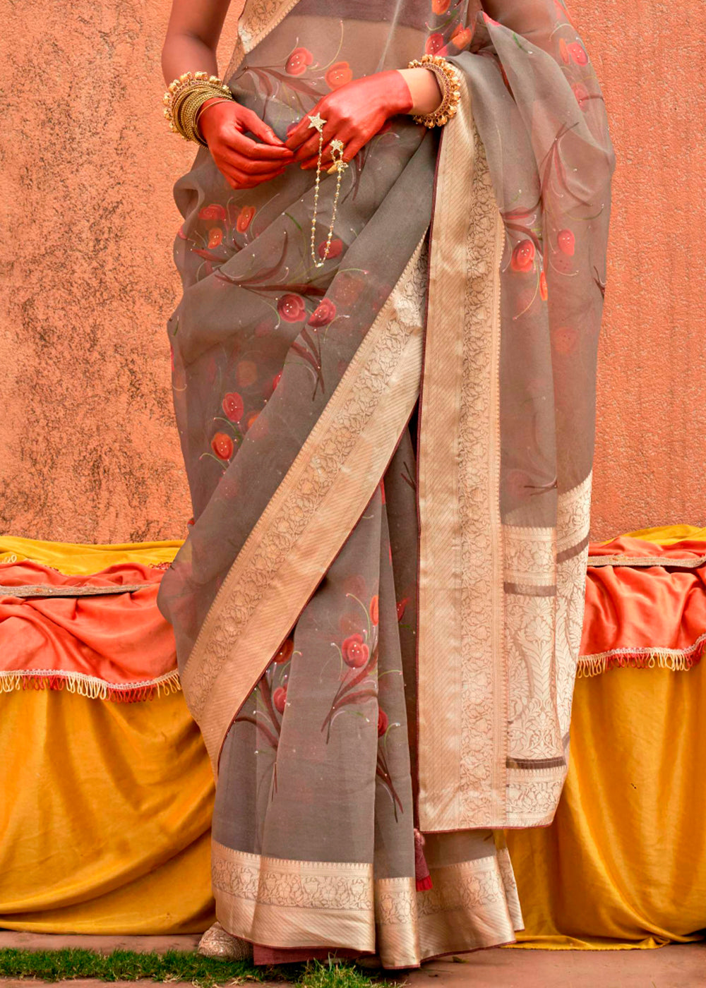 Greyish Brown Floral Printed Organza Silk Saree