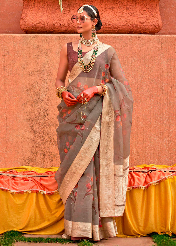 Greyish Brown Floral Printed Organza Silk Saree