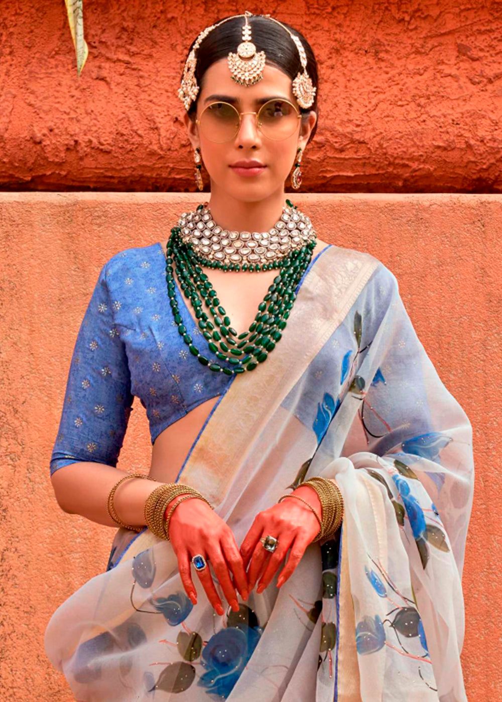 Sky Blue Floral Printed Organza Silk Saree