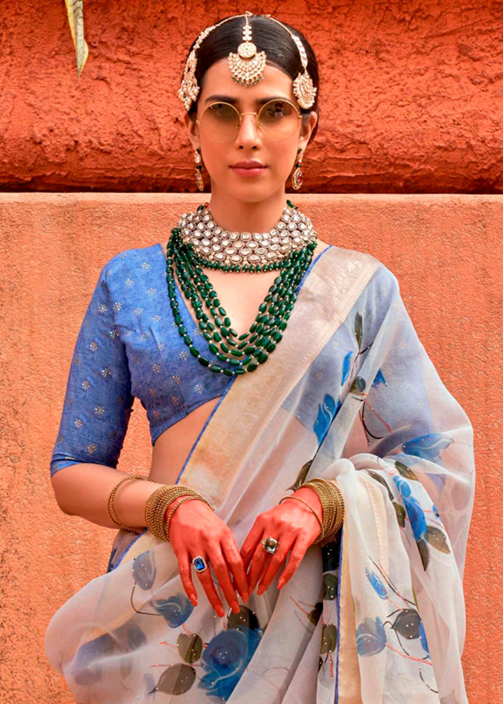 Sky Blue Floral Printed Organza Silk Saree