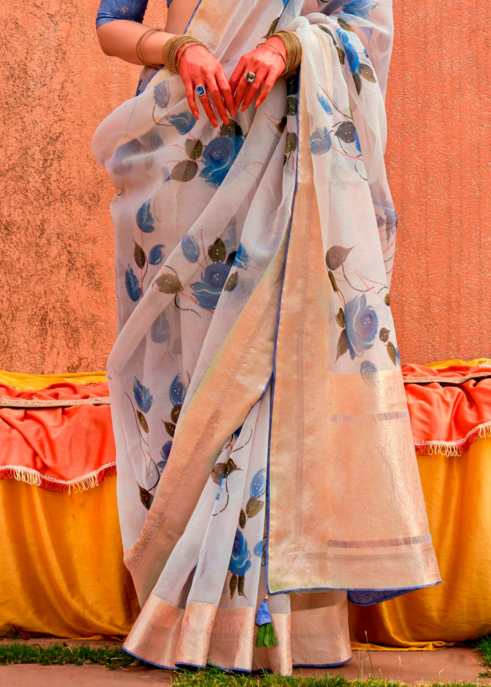 Sky Blue Floral Printed Organza Silk Saree