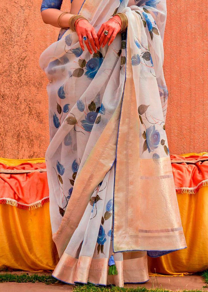 Sky Blue Floral Printed Organza Silk Saree