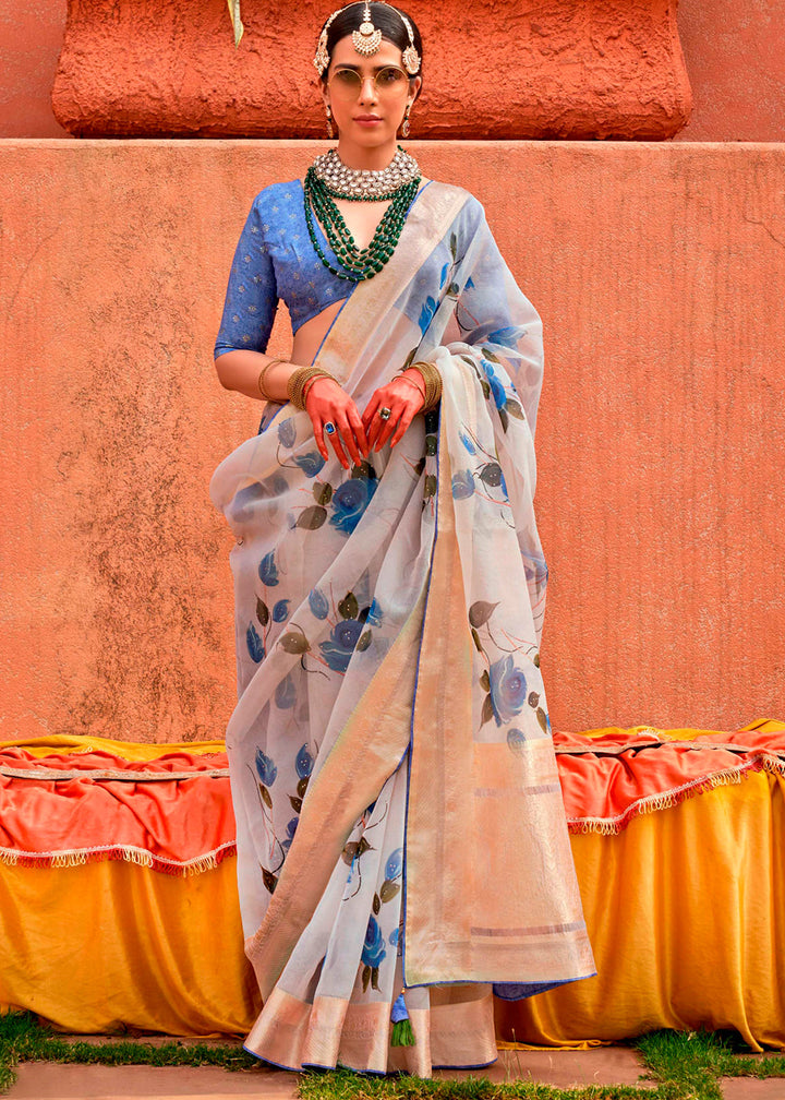 Sky Blue Floral Printed Organza Silk Saree