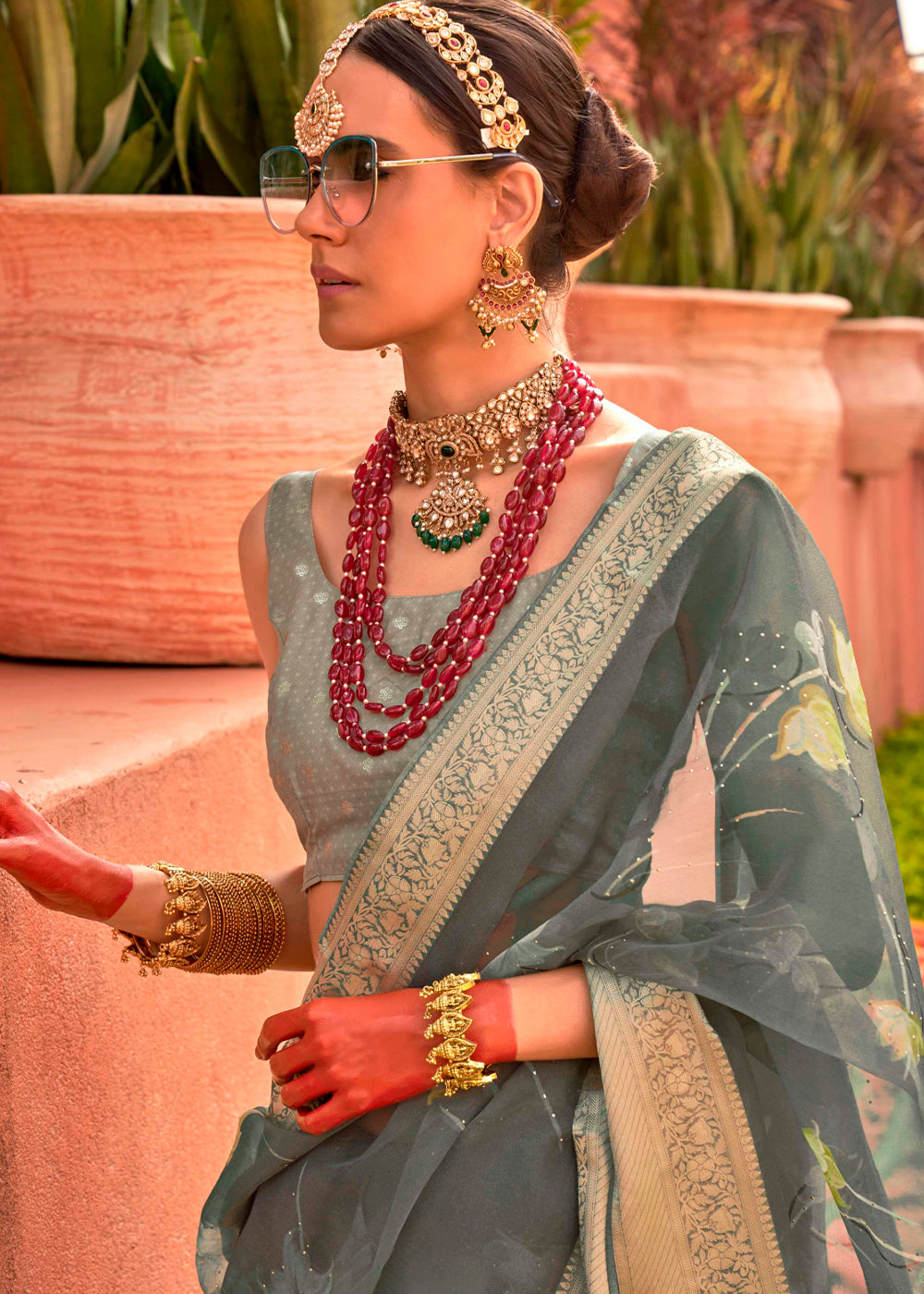 Steel Grey Floral Printed Organza Silk Saree