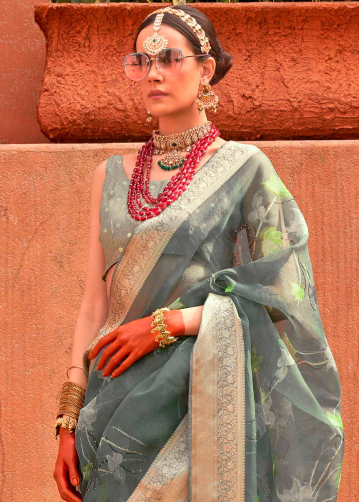 Steel Grey Floral Printed Organza Silk Saree