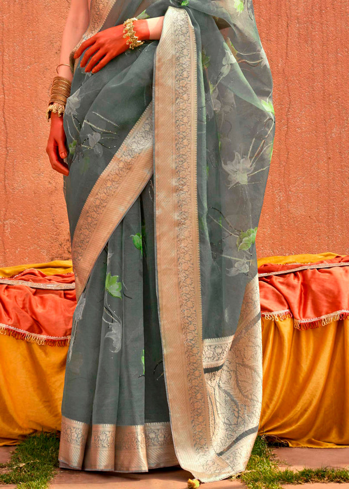 Steel Grey Floral Printed Organza Silk Saree