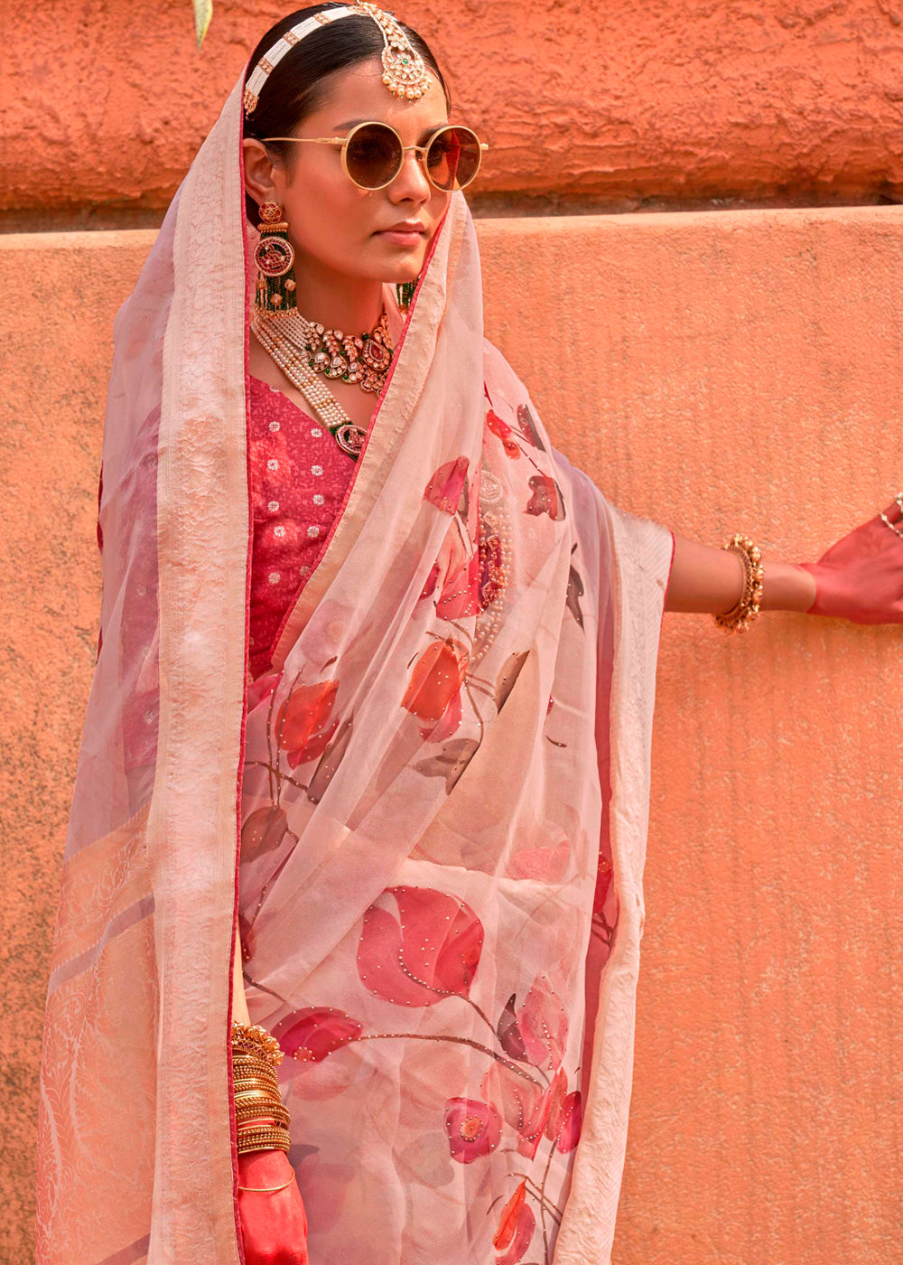 Lace Pink Floral Printed Organza Silk Saree