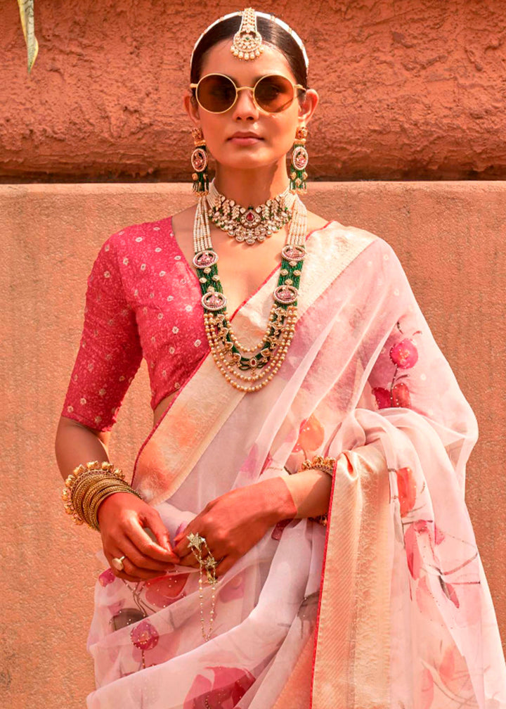 Lace Pink Floral Printed Organza Silk Saree